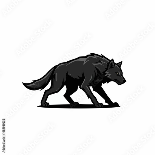 Cartoon drawing of a black wolf, in a crouching position, low angle, and menacing look
