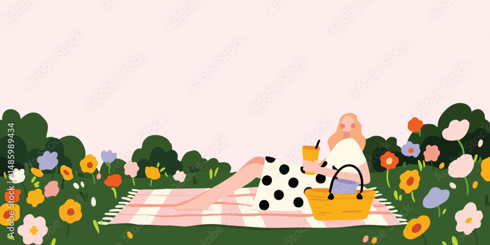 Fototapeta premium A woman enjoys a leisurely picnic amidst a vibrant floral meadow, surrounded by nature, capturing a scene of blissful relaxation.