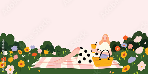 A woman enjoys a leisurely picnic amidst a vibrant floral meadow, surrounded by nature, capturing a scene of blissful relaxation.