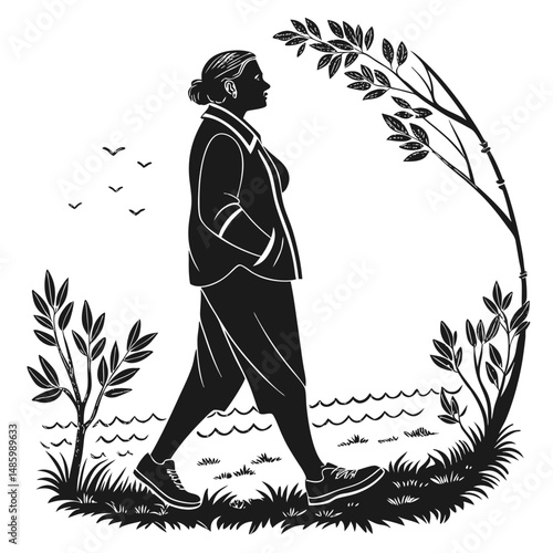 Woman walking by the waterside peaceful nature scene