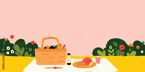 A charming illustration of a picnic basket filled with delicious food on a sunny day. The scene is set outdoors on a table in a garden. 