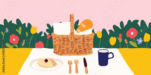An idyllic picnic scene unfolds on a vibrant summer day, capturing the essence of leisure and delight with a meticulously arranged basket, delectable bread and pastries, a cozy mug, and fresh flowers.
