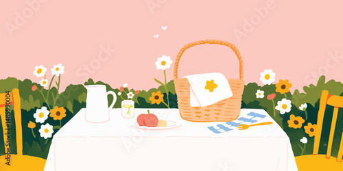 A charming picnic scene unfolds amidst a vibrant floral backdrop. A table is adorned with a pitcher, apples, and a picnic basket, all set against a backdrop of blooming daisies and lush greenery.  