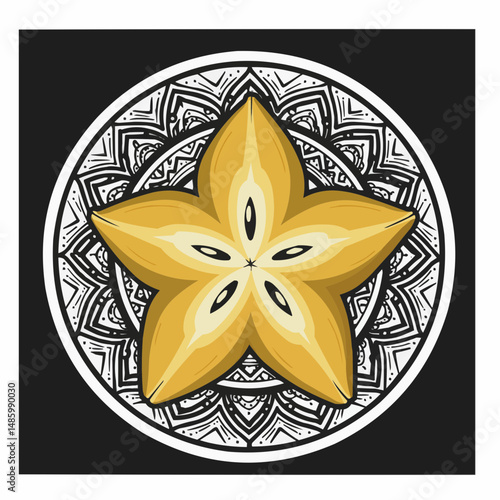 Partial view of starfruit with intricate mandala background on black backdrop