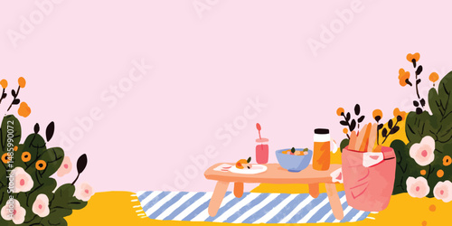 A vibrant illustration presents a picturesque picnic scene, featuring an array of fresh food items arranged on a low table amidst lush floral arrangements.