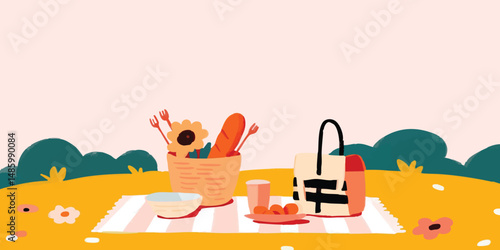 A picturesque picnic scene with inviting food, set on a checkered blanket. Capturing the essence of leisure and the charm of a sunny day.