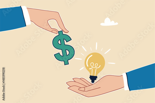 Funding startup idea, fundraising to start business, investor, venture capital or VC to financial support, budget or sponsorship concept, businessman hand give dollar money to lightbulb business idea.