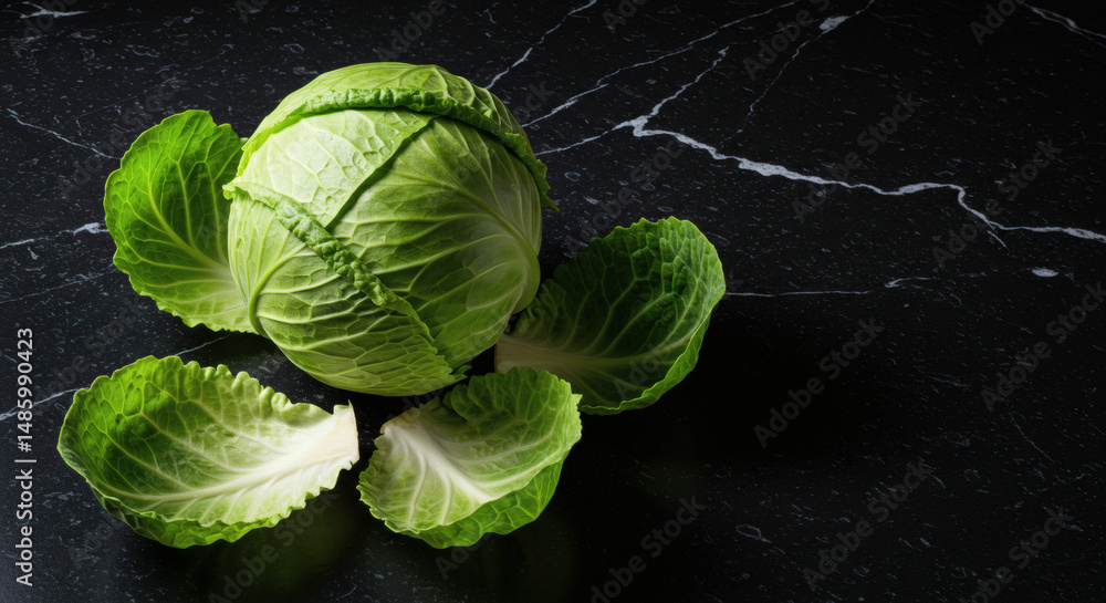 Fototapeta premium Fresh cabbage on black background with copy space. 