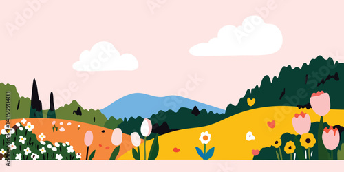 idyllic spring landscape with rolling hills, vibrant flowers, and fluffy clouds.