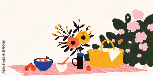 A serene scene of a delightful picnic setup featuring a charming woven basket, lovely flowers, and a spread of tasty treats.