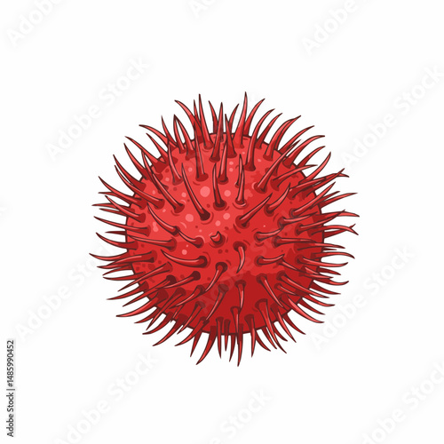 Red spiked sphere with uneven surface in the lower right on white background