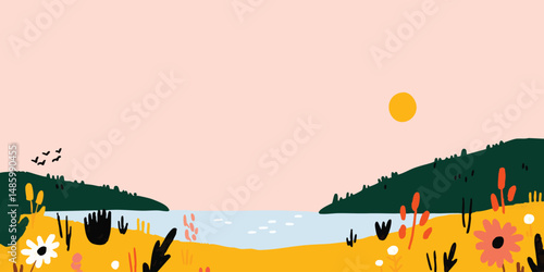 A tranquil landscape with a lake and sun, a vibrant, idyllic scene capturing the beauty of nature.