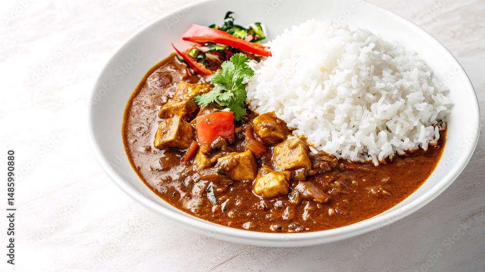 A vibrant shot of a tasty curry and rice dish, freshly prepared with fresh ingredients. A vibrant shot of a tasty curry and rice dish, freshly prepared with fresh ingredients.