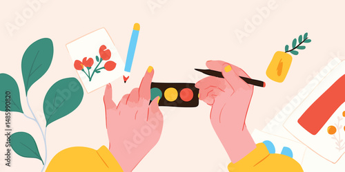 An artist's hands delicately paint and create a vibrant illustration, with brushes, color palette, and inspiring materials. Capturing the artist's focus and meticulous attention to detail.