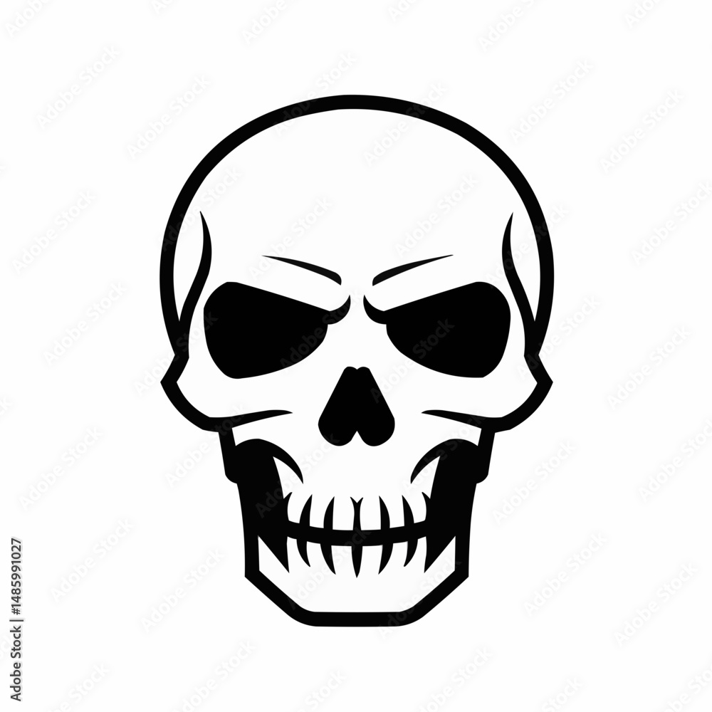 Black & white skull graphic with prominent eye sockets and rounded features against a white background Black & white skull graphic with prominent eye sockets and rounded features against a white background
