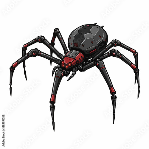 Mechanical spider with a black and red color scheme, and eight legs