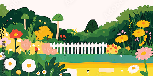 A whimsical, illustrated garden scene bursting with colorful blooms and lush greenery behind a picket fence, conveying a sense of tranquility and natural beauty. 