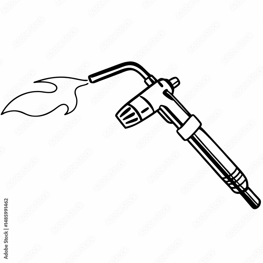 Welding torch emitting flame - line art illustration in white background Welding torch emitting flame - line art illustration in white background