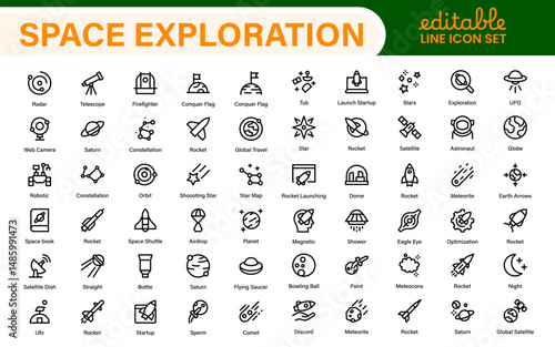 Modern Space Exploration Technology Icons – Outline, Line Art, Vector Illustrations for Rocket Science, Satellites, Astronauts, and Future Missions