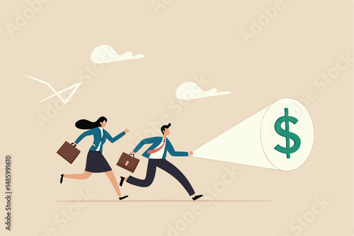 Investment opportunity, financial advisor or money planning, discover growth saving fund or make profit from stock market concept, businessman advisor holding flashlight finding dollar money sign.