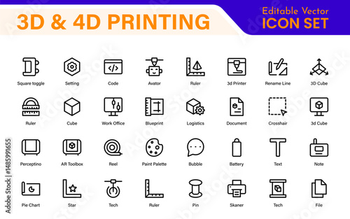 3D and 4D Printing Icons – Outline, Vector, and Line Art Illustrations for Printing Tech, Prototyping, Design, Engineering, and Innovation Projects