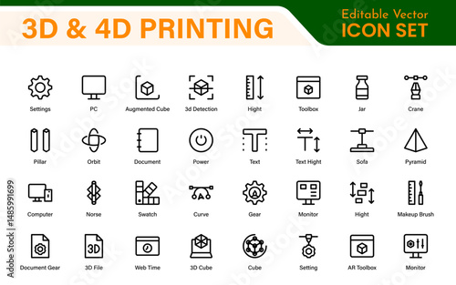 3D and 4D Printing Icons – Outline, Vector, and Line Art Illustrations for Printing Tech, Prototyping, Design, Engineering, and Innovation Projects