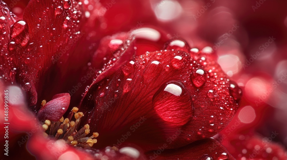 Close-up of dew drops on red flower petals. Close-up of dew drops on red flower petals.