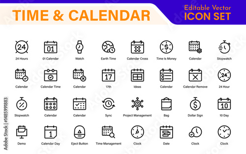 Time, clock and Calendar related line icon set. modern line icon illustration collection