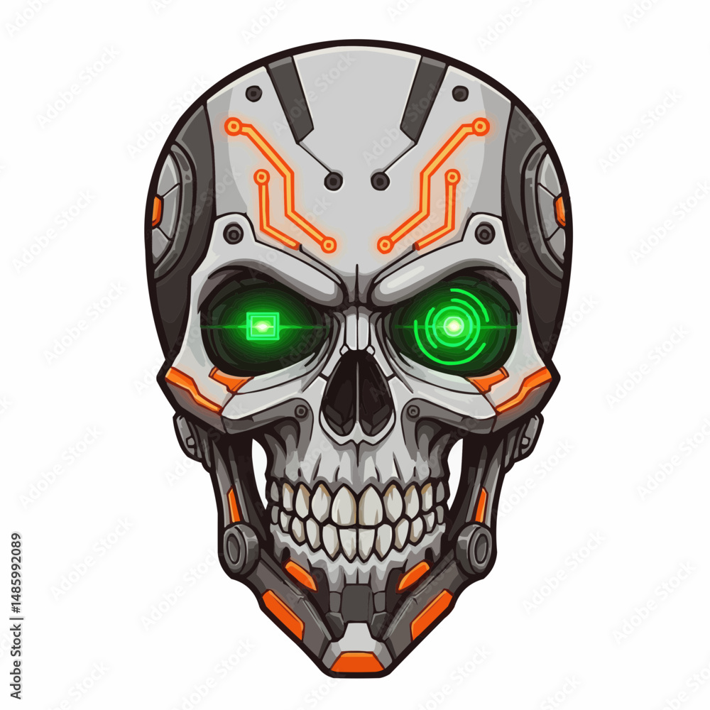 A robot skull stares ahead, with glowing circuit designs and intense, glowing green eyes A robot skull stares ahead, with glowing circuit designs and intense, glowing green eyes