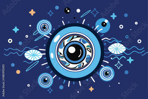 Abstract blue eye design with decorative shapes and transparent background