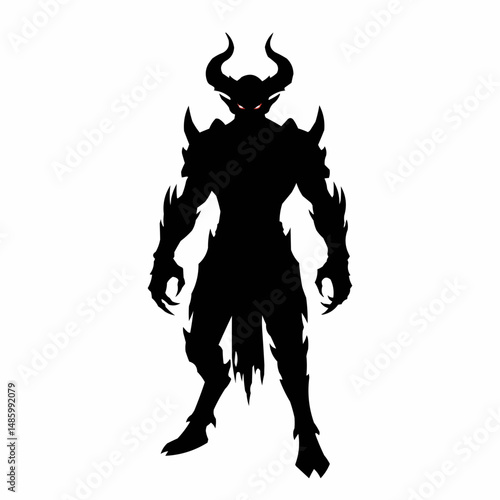 Silhouette of a horned demon figure with glowing red eyes, standing in the shadows