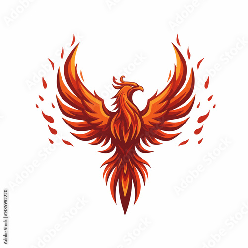 Vibrant red phoenix with fiery wings against white background, soaring in stylized art