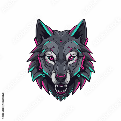 Cybernetic wolf with pink eyes and neon details peering into the scene