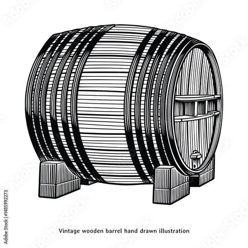 Vintage Wooden Barrel Hand Drawn Engraving, Rustic Oak Wine or Beer Cask Illustration