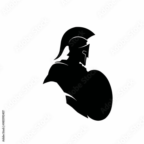 Spartan figure, clad in helmet, in black on white background, right-aligned