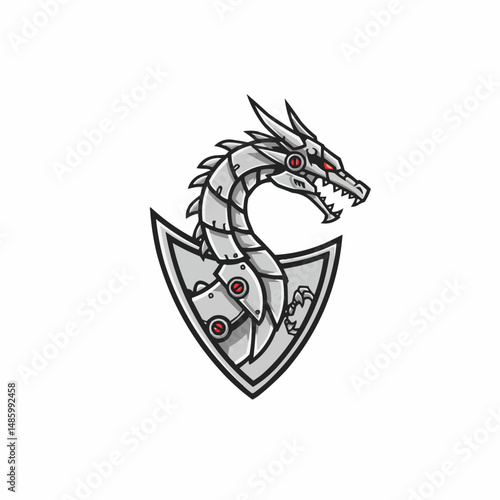 Metallic gray dragon head with piercing red eyes, poised for attack