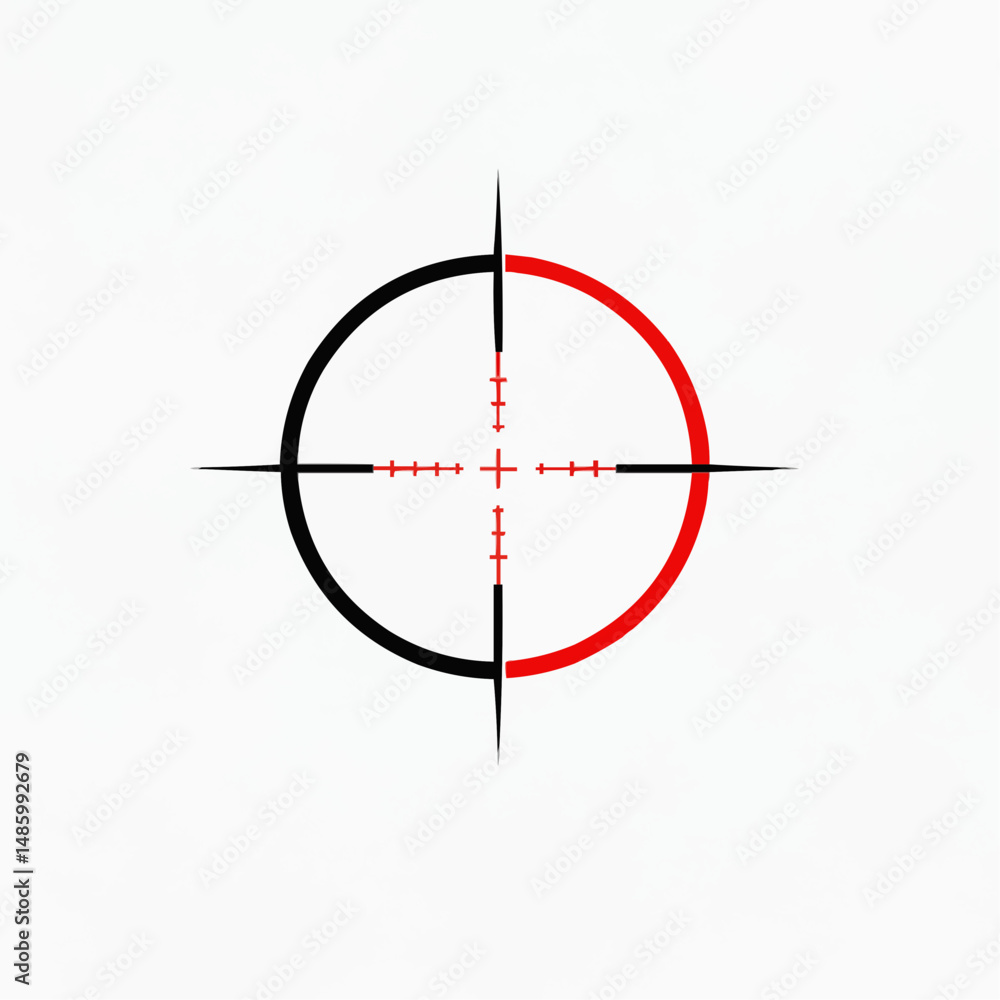 A black & red scope sight is on a plain, white background, half-circle shape