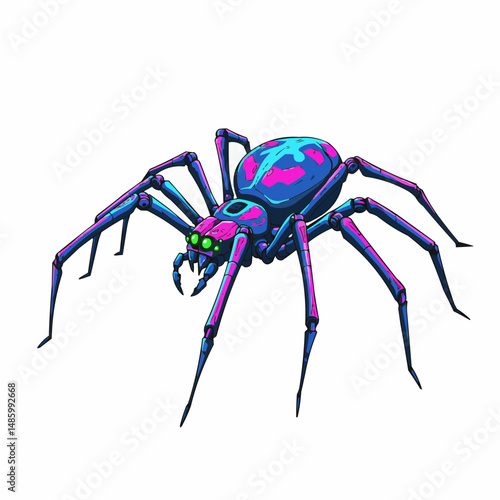 Illustrative spider; detailed design with pink, blue, green, and black highlights