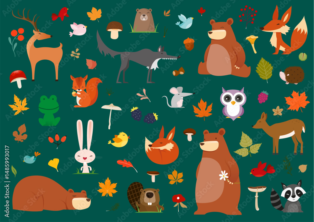 Fototapeta premium Cute little woodland wild animals and birds