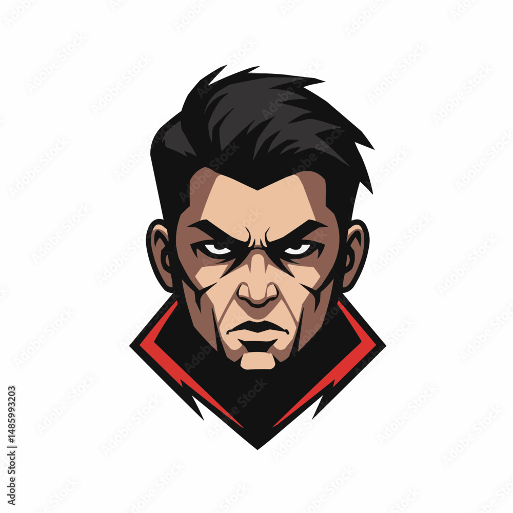 Masked man with a severe glare and black hair in a stylized, cartoonish format Masked man with a severe glare and black hair in a stylized, cartoonish format