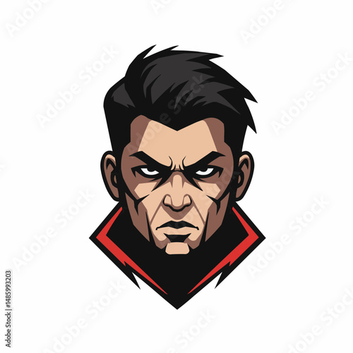 Masked man with a severe glare and black hair in a stylized, cartoonish format