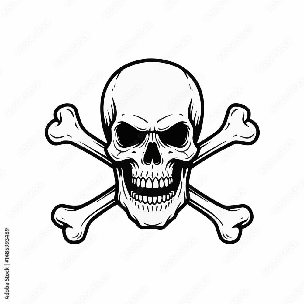 Fototapeta premium Black and white vector image of a skull and crossbones emblem on a white background
