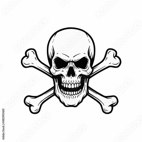 Black and white vector image of a skull and crossbones emblem on a white background