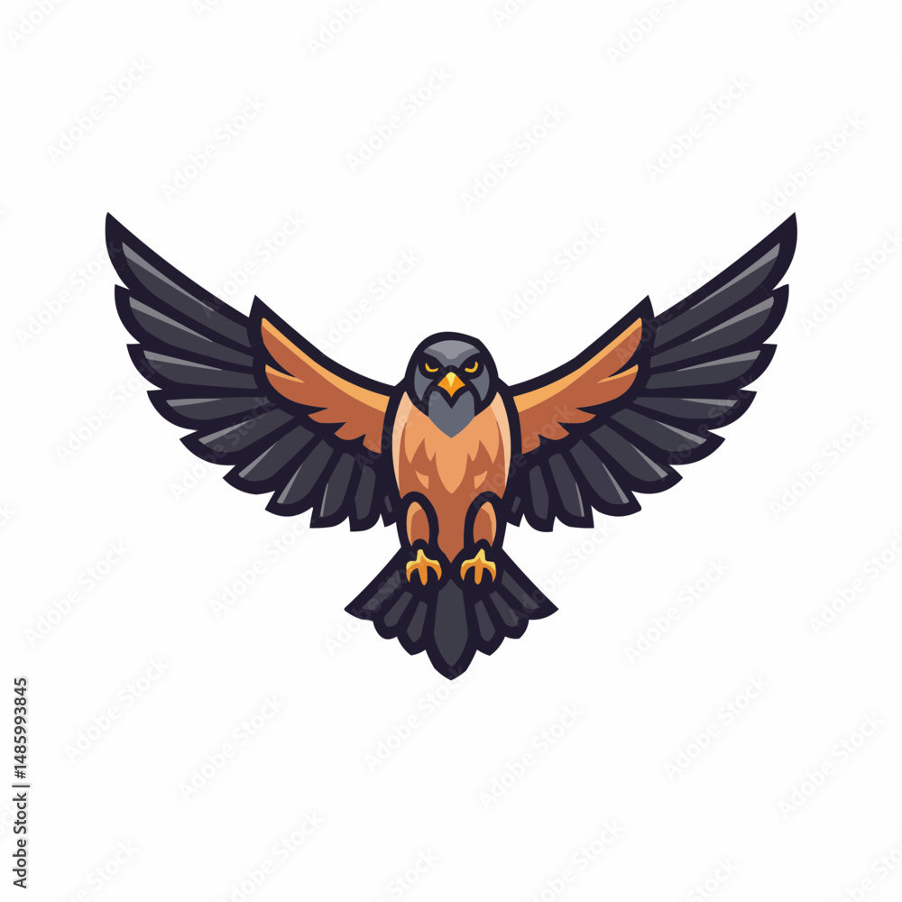 Obraz premium Illustration a stylized bird of prey swoops down. Wings spread, fierce gaze