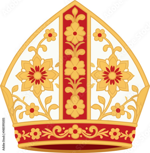 Elegant Papal Mitre Vector with Red and Gold Floral Pattern – Traditional Catholic Bishop Hat Illustration