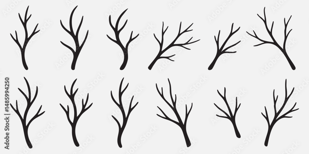 Naklejka premium A collection of black branch silhouettes in various natural shapes on a white background