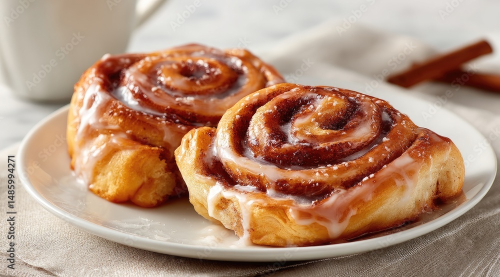 Two warm, glazed cinnamon rolls on a plate Two warm, glazed cinnamon rolls on a plate
