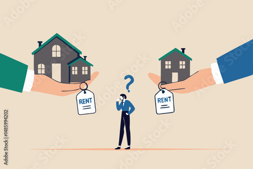 House buy or rent, making decision for owning property and real estate, long term debt or mortgage, investment or lifestyle choice concept, confused businessman making decision to buy or rent a house.