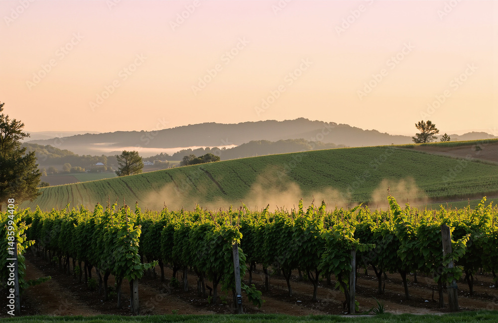 Naklejka premium Peach-lavender dawn vineyard rows.