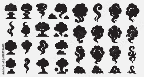 Various black smoke cloud shapes in solid style featuring puffy, thin, and spiraled designs for graphics
